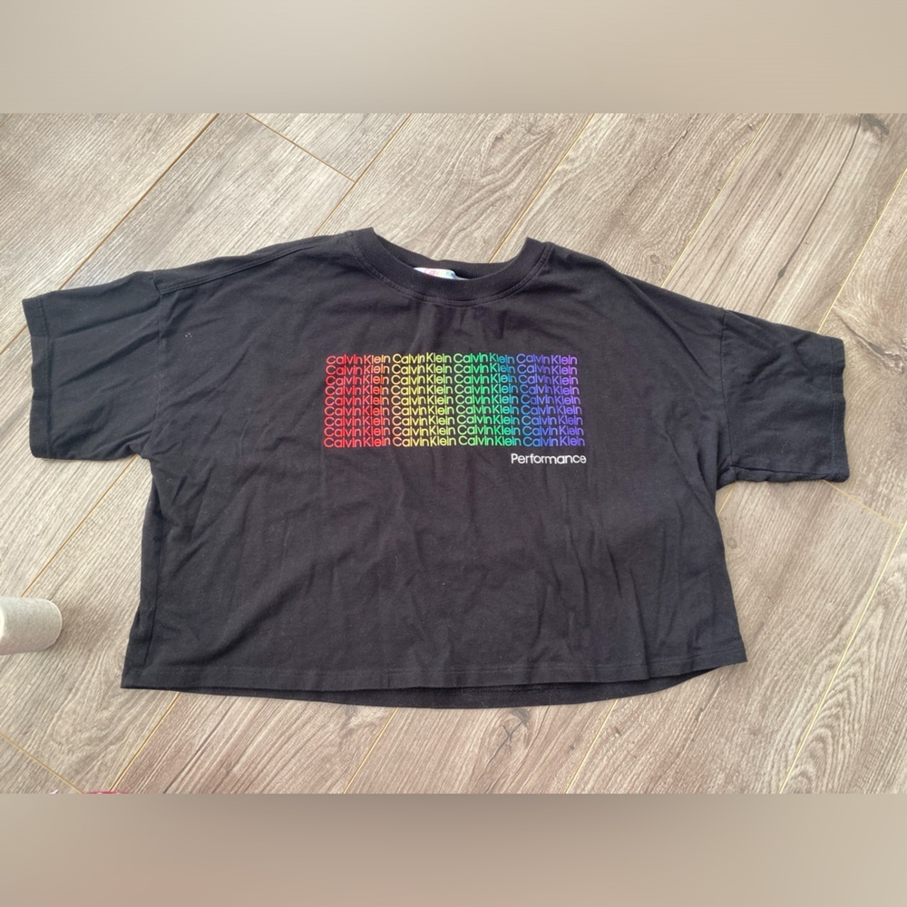 Calvin Klein Performance rainbow logo black oversized cropped tee shirt